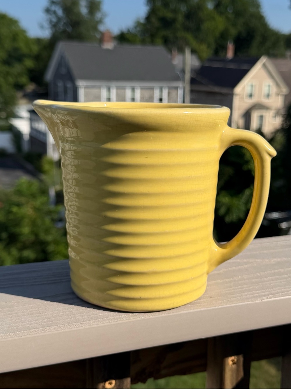 Vintage Weller Pottery Ribbed Stoneware Pitcher Yellow 1920s Stamp 5.5”H